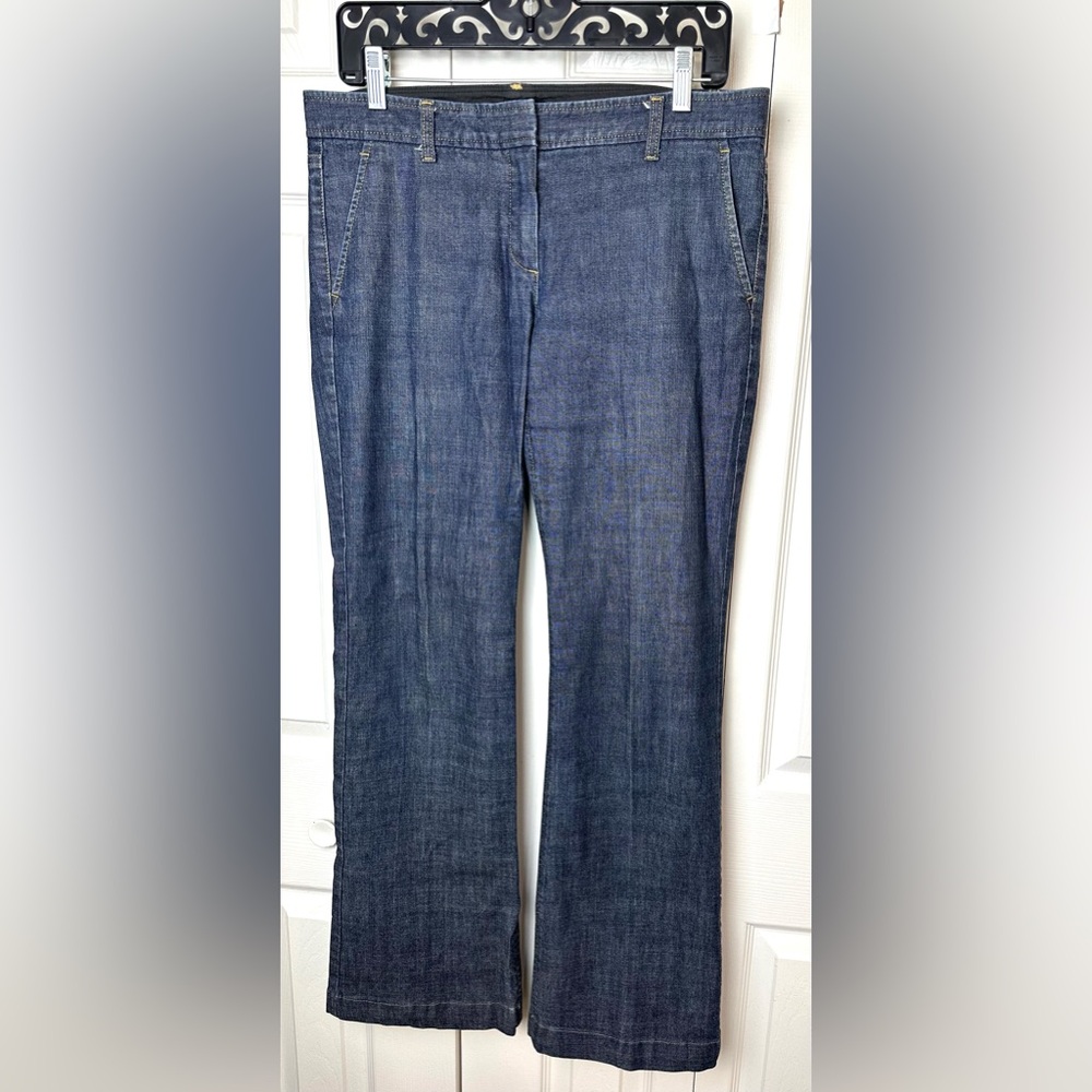 THEORY Wide Leg Flare Denim Trouser Jeans Dark Wash Workwear Career Low Rise